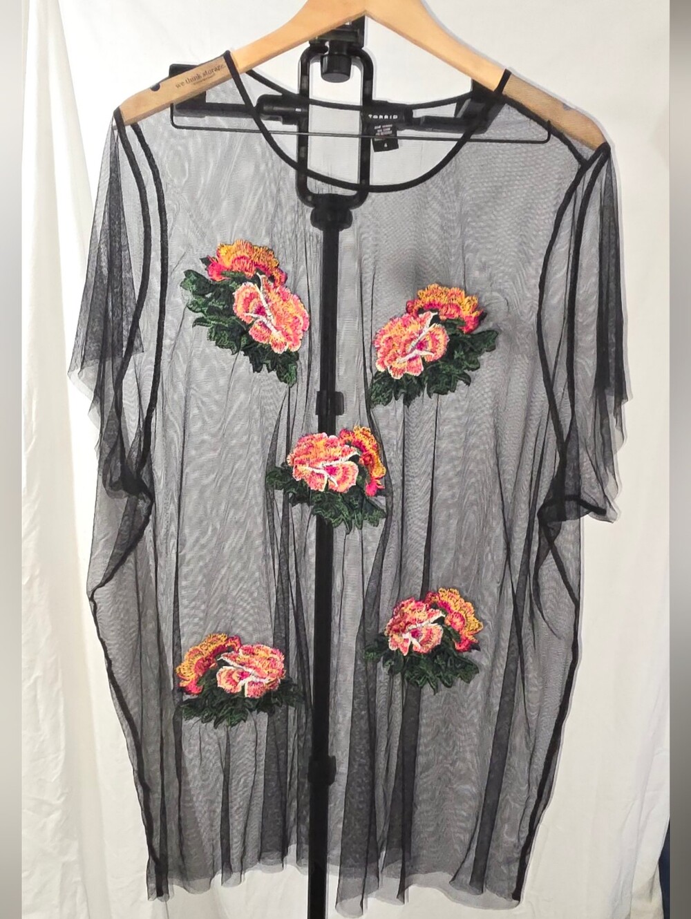 TORRID; Sheer Black Mesh Top with Pink & Yellow Floral Appliqués